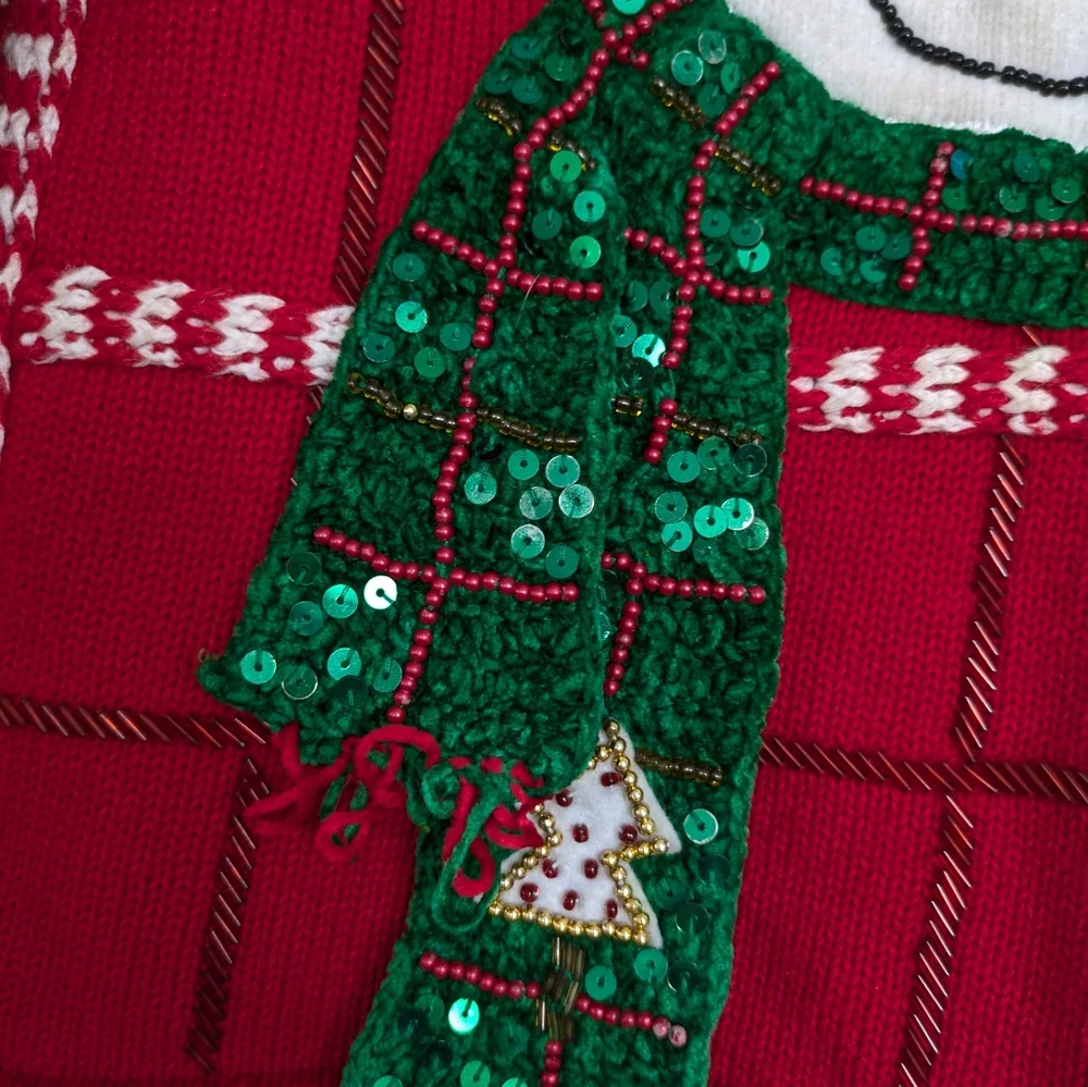 Vintage Berek Womens Red Christmas Sweater M Snowman Beaded Sequin Statement M - Picture 7 of 11